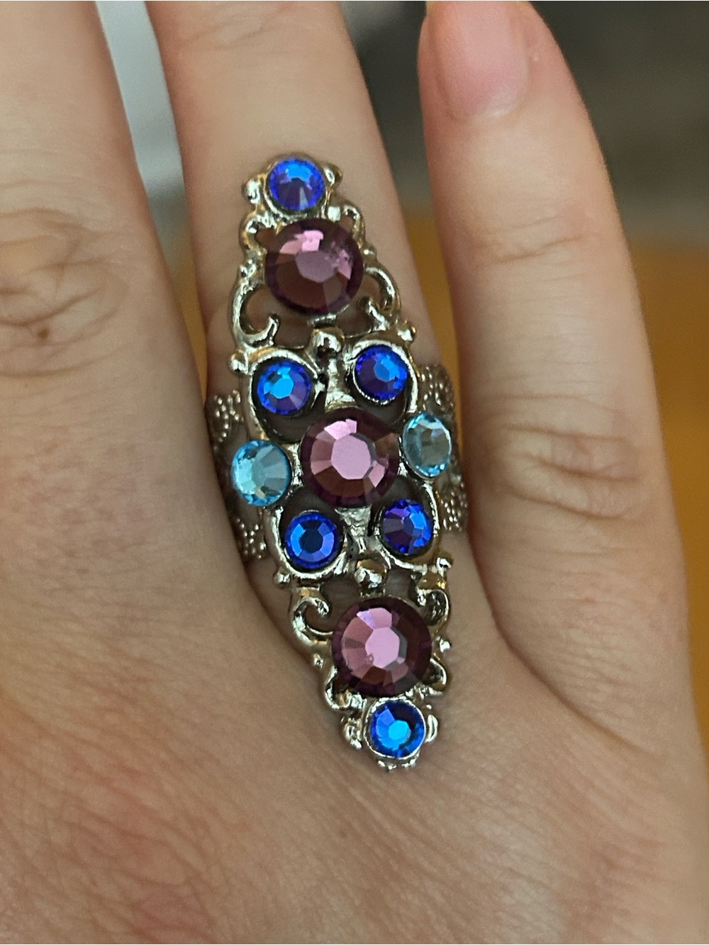 Vintage Signed Multicolor Crystal Filigree Statement Ring